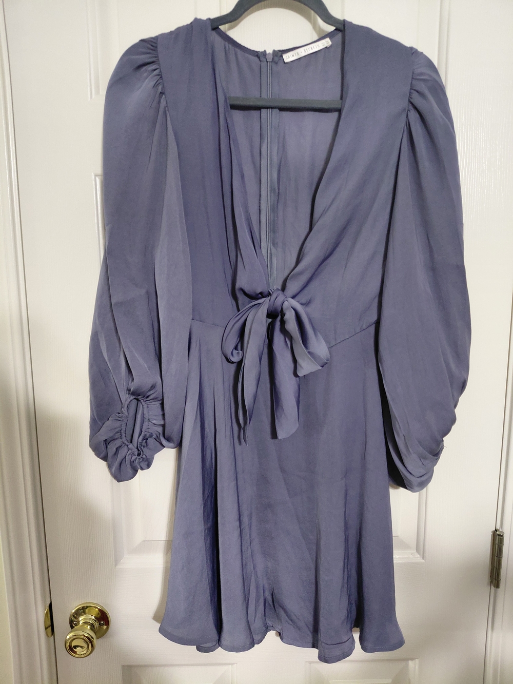 Puff-Sleeve Tie-Front Mini Dress in Slate Blue
